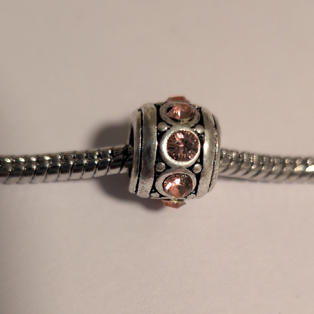 Silver and Peach Rhinestones Spacer Charm for Pandora Style Bracelet